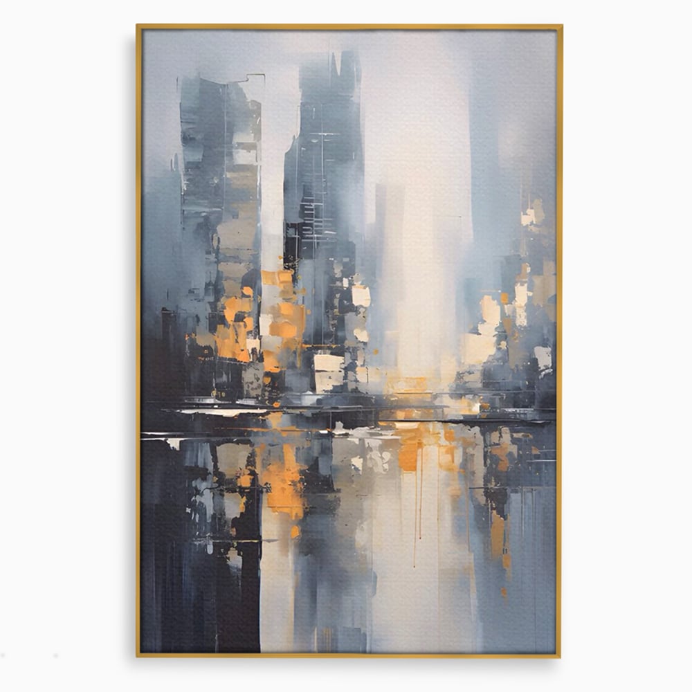 Tablou canvas cu pictura abstracta cu cladiri si reflexii, in rama de aluminiu auriu